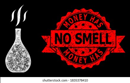 Glowing mesh net incense vial with lightspots, and Money Has No Smell unclean ribbon seal. Red seal includes Money Has No Smell text inside ribbon.