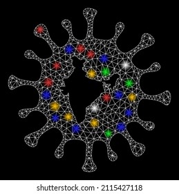 Glowing Mesh Net Indian Covid Virus Icon With Colored Glowing Spots. Illuminated Vector Structure Created From Indian Covid Virus Icon. Sparkle Frame Mesh Polygonal Indian Covid Virus.