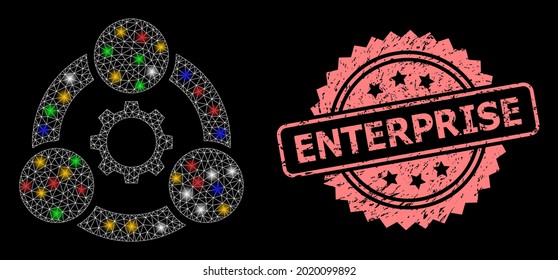 Colaboración industrial de redes de malla brillante con manchas brillantes, y sello de rosette de goma empresarial. Malla vectorial iluminada creada a partir del pictograma de colaboración industrial.