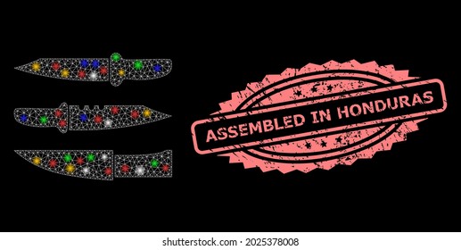 Glowing mesh net knives with flash nodes, and Assembled in Honduras scratched rosette seal imitation. Illuminated vector mesh created from knives symbol.