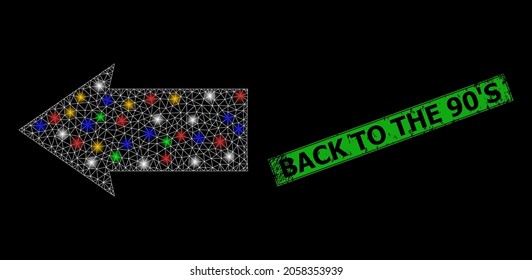 Redes de malla brillante dirección izquierda con puntos brillantes multicolores, y grunge de vuelta a la insignia de los 90. El sello verde contiene el texto Atrás al 90 dentro del rectángulo enmarcado.