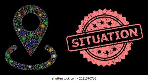 Glowing mesh net location with glowing spots, and Situation textured rosette stamp seal. Illuminated vector mesh created from location icon. Pink stamp seal contains Situation title inside rosette.