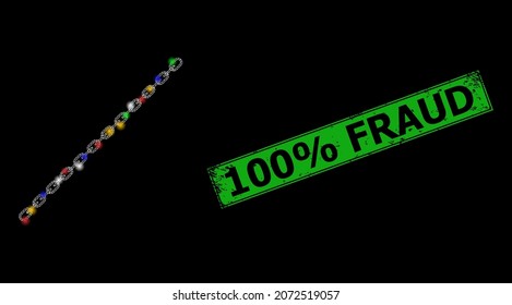 Glowing mesh net long chain with multicolored glowing spots, and grunge 100 discount Fraud seal stamp. Green stamp seal includes 100 discount Fraud title inside framed rectangle.