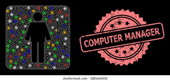 Glowing mesh net man with bright dots, and Computer Manager unclean rosette seal print. Illuminated vector mesh created from man icon. Pink seal has Computer Manager text inside rosette.