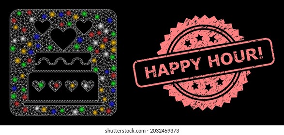 Glowing mesh net marriage cake with lightspots, and Happy Hour Attention scratched rosette seal imitation. Illuminated vector mesh created from marriage cake symbol.