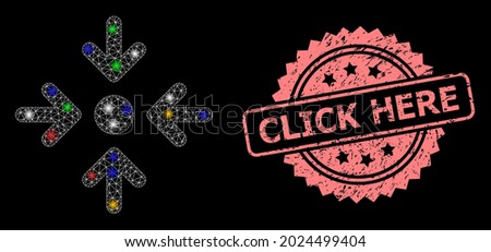 Glowing mesh net meeting point with glowing spots, and Click Here dirty rosette stamp seal. Illuminated vector model created from meeting point icon.