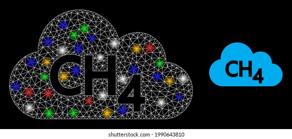 Glowing mesh net methane gas with multicolored bright dots. Constellation vector mesh created from methane gas pictogram. Sparkle constellation wired methane gas, on a black backgound.