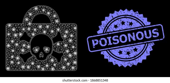 Glowing mesh net mortal case with lightspots, and Poisonous unclean rosette stamp seal. Illuminated vector model created from mortal case icon. Blue stamp seal contains Poisonous tag inside rosette.