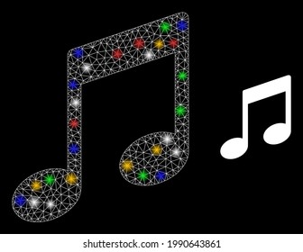 Glowing mesh net musical notes with colorful glowing spots. Constellation vector mesh created from musical notes pictogram. Sparkle frame mesh musical notes, on a black backgound.