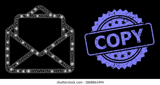 Glowing mesh net open letter with lightspots, and Copy unclean rosette seal print. Illuminated vector constellation created from open letter icon. Blue stamp seal has Copy text inside rosette.