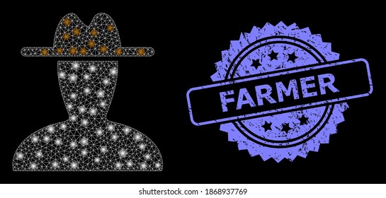 Glowing mesh net peasant persona with glowing spots, and Farmer unclean rosette stamp seal. Illuminated vector constellation created from peasant persona icon.
