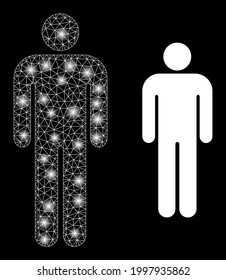Glowing mesh net person with glowing spots. Illuminated vector model created from person icon with white mesh. Sparkle carcass mesh polygonal person. Wire carcass 2D network in eps10 vector format.