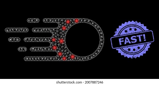 Glühender Maschennetzfotonflug mit leuchtenden Flecken und Fast Exclamation kratzte Rosette Stempel-Siegel. Illuminiertes Vektormodell, das aus dem Fotonenflugsymbol erstellt wurde. Blaue Stempeldichtung hat Fast Exclamation Tag