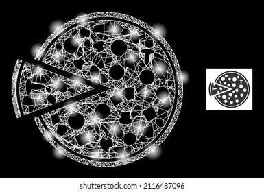 Glowing mesh net pizza with piece icon with illuminated light spots. Illuminated constellation created from pizza with piece vector icon and crossing lines. Illuminated carcass pizza with piece,