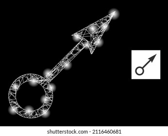 Glowing mesh net point direction icon with glowing spots. Illuminated constellation generated from point direction vector icon and crossed lines. Glossy frame point direction, on a black background.