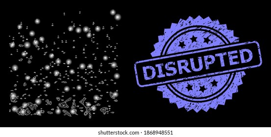 Glowing mesh net powder participles with glowing spots, and Disrupted dirty rosette seal imitation. Illuminated vector constellation created from powder participles icon.