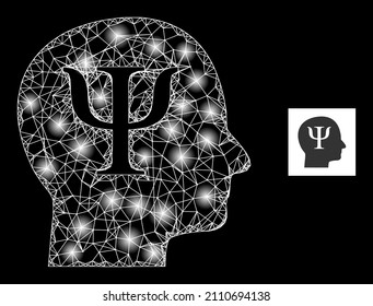 Glowing mesh net psychology icon with glossy spots. Illuminated constellation is created from psychology vector icon and crossed lines. Glowing frame psychology, on a black background.