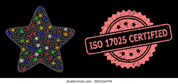 Glowing mesh net red star with glowing spots, and ISO 17025 Certified rubber rosette stamp. Illuminated vector model created from red star icon. svg