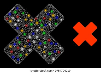 Glowing mesh net reject with colorful glowing spots. Constellation vector structure created from reject pictogram. Sparkle constellation wired reject, on a black backgound.