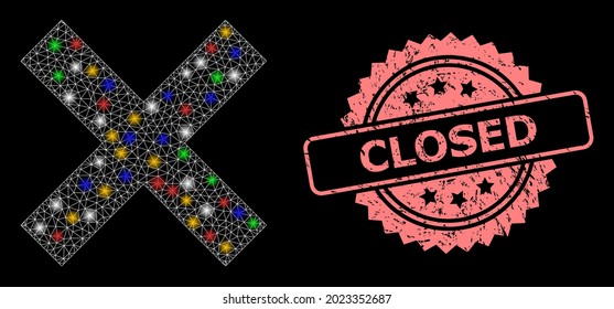 Glowing mesh net reject cross with glowing spots, and Closed rubber rosette watermark. Illuminated vector constellation created from reject cross symbol.