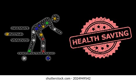 Glowing mesh net scate roller man with glowing spots, and Health Saving grunge rosette stamp. Illuminated vector model created from scate roller man symbol.