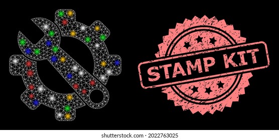 Glowing mesh net service tools with glowing spots, and Stamp Kit unclean rosette seal imitation. Illuminated vector mesh created from service tools pictogram.
