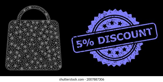 Glowing mesh net shopping bag with glowing spots, and 5 percent Discount scratched rosette stamp. Illuminated vector model created from shopping bag icon.