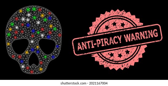 Glowing mesh net skull with glowing spots, and Anti-Piracy Warning corroded rosette stamp seal. Illuminated vector structure created from skull symbol.