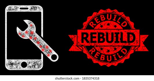 Glowing mesh net smartphone repair with glowing spots, and Rebuild textured ribbon stamp. Red stamp contains Rebuild title inside ribbon.