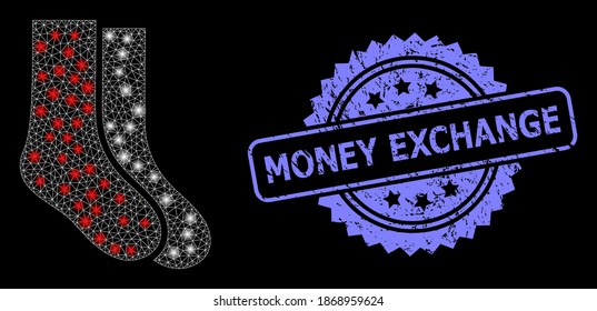Glowing mesh net socks with glowing spots, and Money Exchange unclean rosette stamp seal. Illuminated vector model created from socks icon. Blue stamp seal has Money Exchange tag inside rosette.