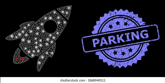 Glühende Maschennetzrakete mit Leuchtpunkten und Parking Grunge Rosette Stempelsiegel. Illuminiertes Vektormodell, das aus dem Raumraketensymbol erstellt wurde. Die blaue Stempelrobbe hat ein Parking-Tag in Rosette.