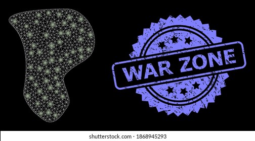 Glowing mesh net spot with lightspots, and War Zone rubber rosette seal. Illuminated vector model created from spot icon. Blue seal contains War Zone title inside rosette.