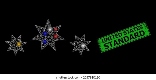 Glühender Maschennetzsternpegel mit farbigen leuchtenden Flecken und grunge United States Standard Stempel. Grüne Stempelrobbe hat die US-Standardmarke im gerahmten Rechteck.