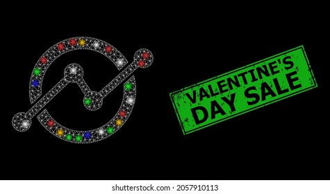 Glowing mesh net stock chart with colorful bright dots, and grunge Valentine'S Day Sale seal stamp. Green stamp seal includes Valentine'S Day Sale caption inside framed rectangle.