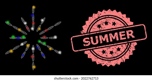 Glowing mesh net sun rays with lightspots, and Summer dirty rosette stamp seal. Illuminated vector mesh created from sun rays symbol. Pink stamp contains Summer text inside rosette.