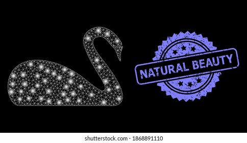 Glowing mesh net swan with glowing spots, and Natural Beauty textured rosette stamp seal. Illuminated vector constellation created from swan icon.