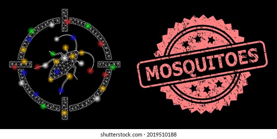 Glowing mesh net target cockroach with bright dots, and Mosquitoes scratched rosette watermark. Illuminated vector mesh created from target cockroach icon.
