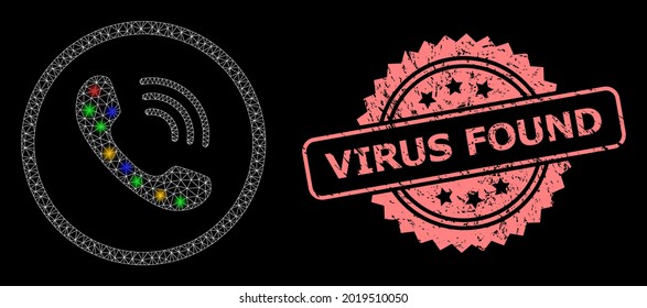 Llamada telefónica de malla brillante con manchas brillantes y sello de rosette grunge con virus encontrados. Malla vectorial iluminada creada a partir del símbolo de llamada telefónica.