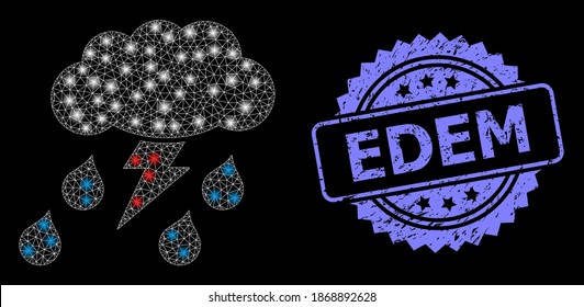 Glowing mesh net thunderstorm with glowing spots, and Edem scratched rosette stamp. Illuminated vector constellation created from thunderstorm icon. Blue seal has Edem text inside rosette.