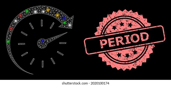 Glowing mesh net time forward with glowing spots, and Period unclean rosette stamp seal. Illuminated vector model created from time forward icon. Pink stamp seal contains Period text inside rosette.