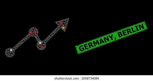Glowing mesh net up trend with multicolored bright dots, and grunge Germany, Berlin stamp. Green stamp seal includes Germany, Berlin tag inside framed rectangle.