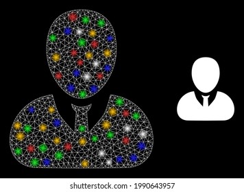 Glowing mesh net user profile with multicolored flash nodes. Illuminated vector carcass created from user profile symbol. Sparkle frame mesh user profile, on a black backgound.