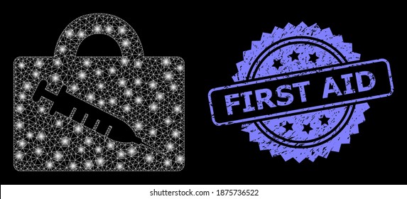 Glowing mesh net vaccine case with glowing spots, and First Aid unclean rosette stamp seal. Illuminated vector model created from vaccine case icon. Blue seal has First Aid title inside rosette.