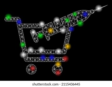 Glowing mesh net vaccine shopping icon with colored glowing spots. Illuminated vector constellation created from vaccine shopping icon. Sparkle frame mesh polygonal vaccine shopping.
