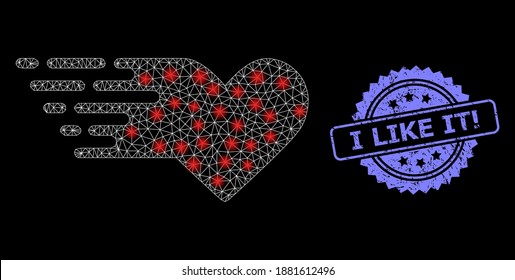 Glowing mesh net valentine heart with glowing spots, and I Like It Exclamation scratched rosette stamp seal. Illuminated vector model created from valentine heart icon.