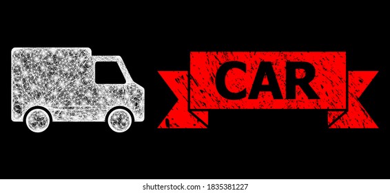 Glowing mesh net van car with glowing spots, and Car rubber ribbon stamp seal. Red stamp seal includes Car text inside ribbon. Illuminated vector model created from van car icon with white mesh.