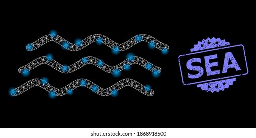 Glowing mesh net water waves with glowing spots, and Sea rubber rosette stamp seal. Illuminated vector constellation created from water waves icon. Blue stamp seal contains Sea text inside rosette.