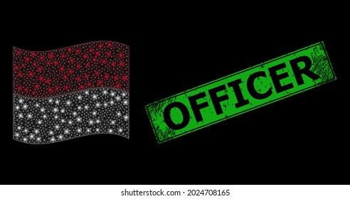 Glowing mesh net waving Monaco flag with glowing spots, and distress Officer rectangle watermark. Green rectangular Officer scratched watermark.