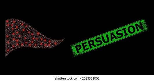 Redes de malla brillante ondeando la bandera del triángulo rojo con manchas brillantes, y sello del rectángulo de persuasión de angustia. Rectángulo verde Marca de agua de peligro Persuasion.