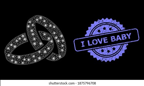 Glühende Netz-Hochzeitsringe mit leuchtenden Flecken, und ich Love Baby kratzte Rosette-Stempel. Illuminiertes Vektormodell, erstellt aus Hochzeitsringen Symbol.